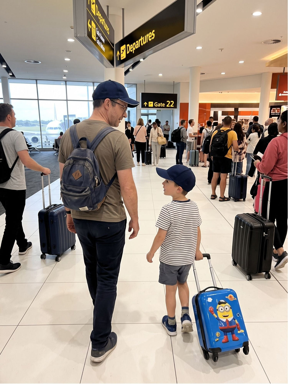 Navy — father and son in matching navy Kindred Caps walking through airport departures