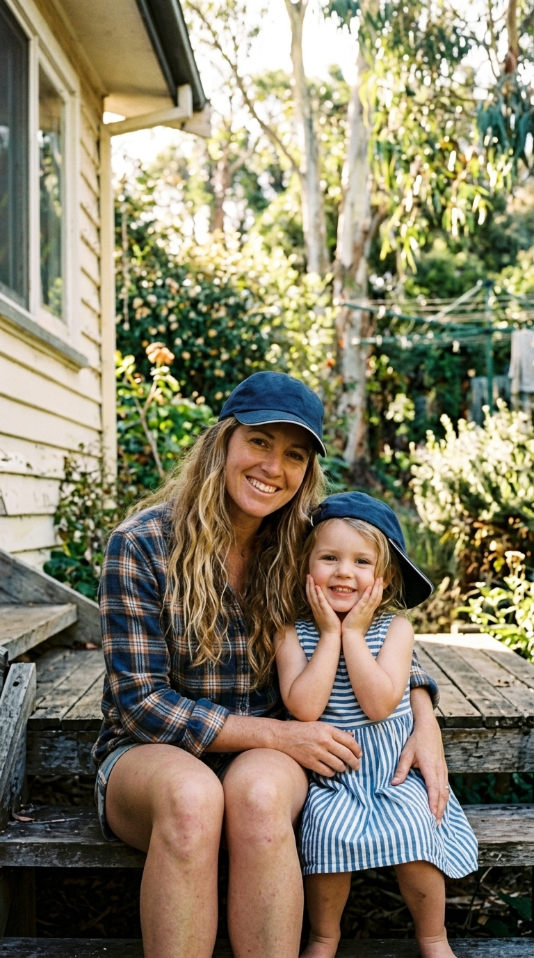 Navy — mother and daughter in matching navy Kindred Caps on the back steps