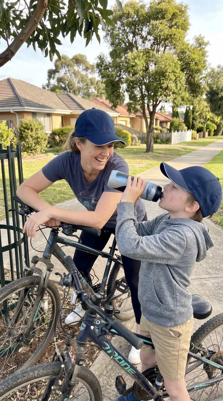 Navy — mother and son in matching navy Kindred Caps taking a water break on a bike ride