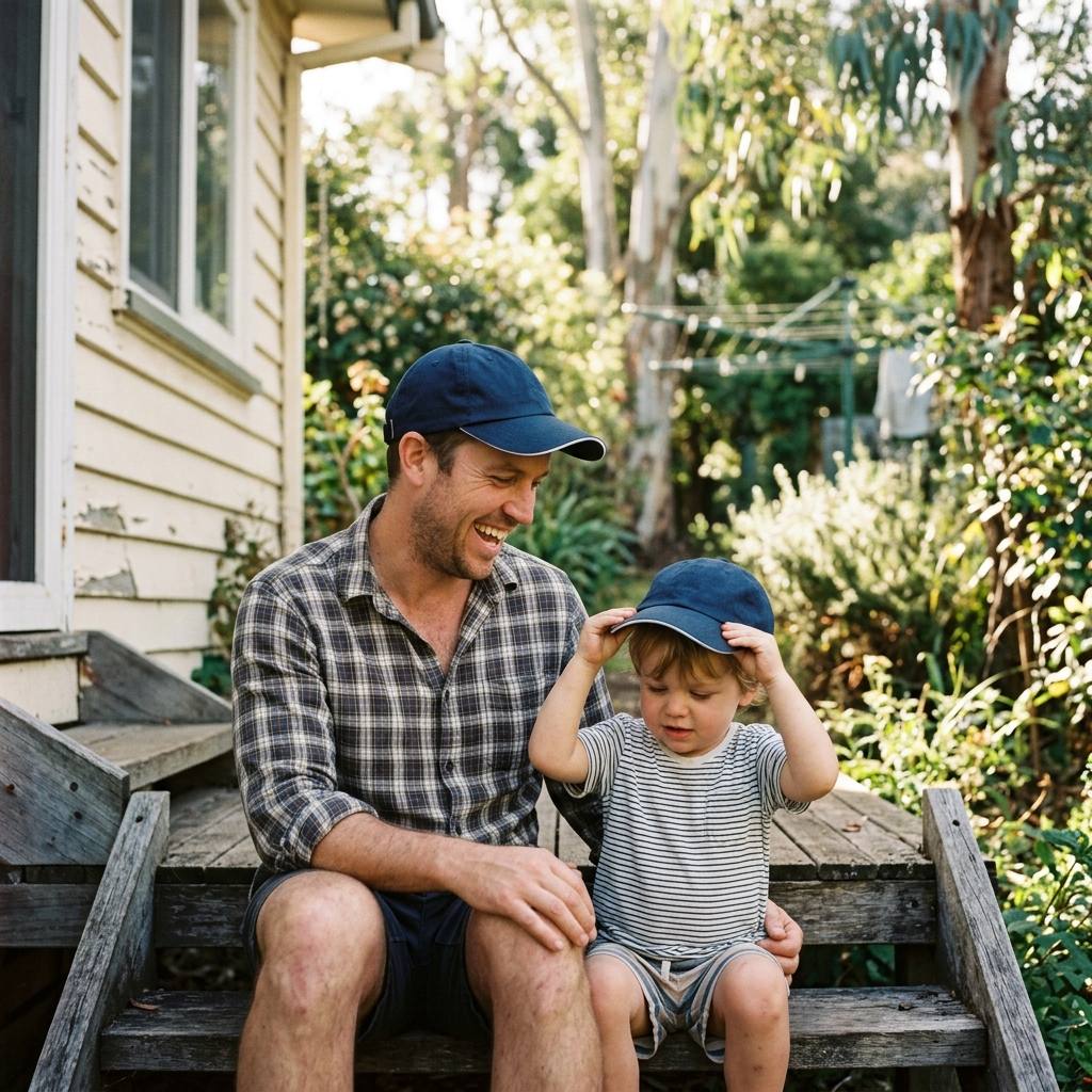 Father and son in matching navy Kindred caps on the back steps